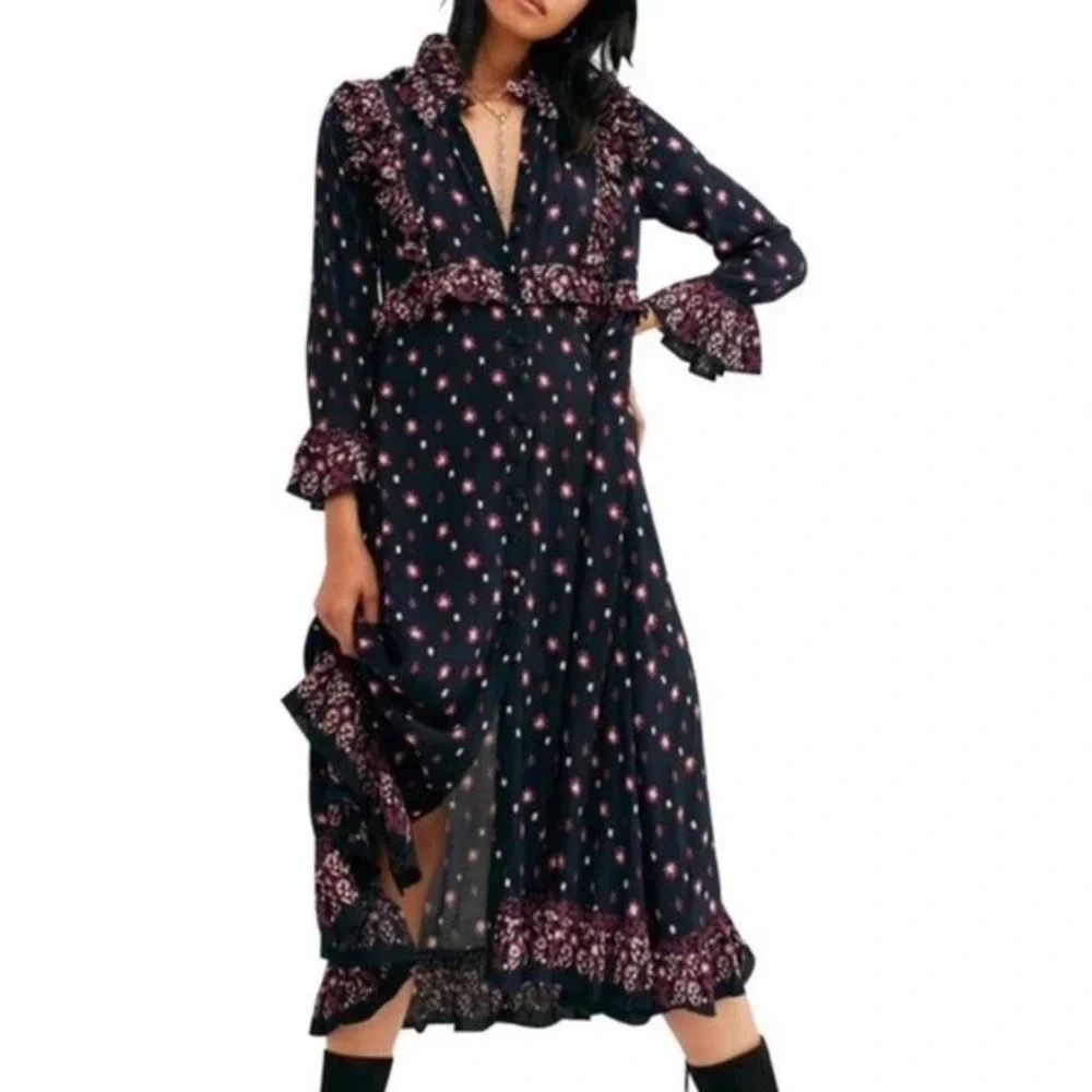 Free‎ People Women Midi Dress Black Floral Calico Skies Cottagecore Boho Sz S